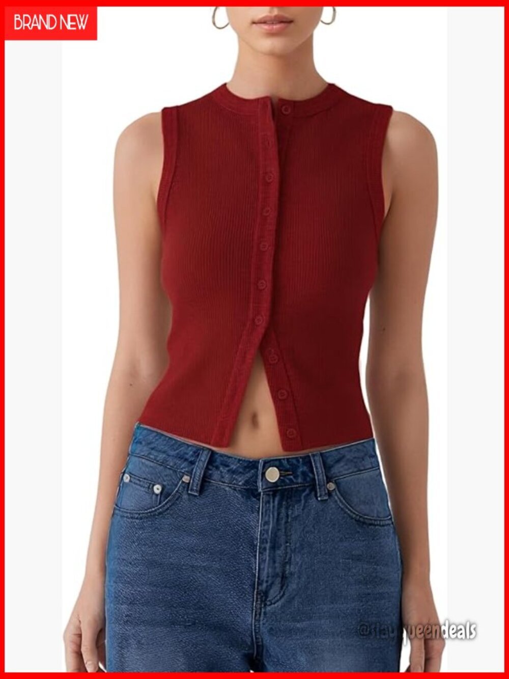 Slim Fit Ribbed Crop Tank Top Button Front Crew Neck Sleeveless Vest